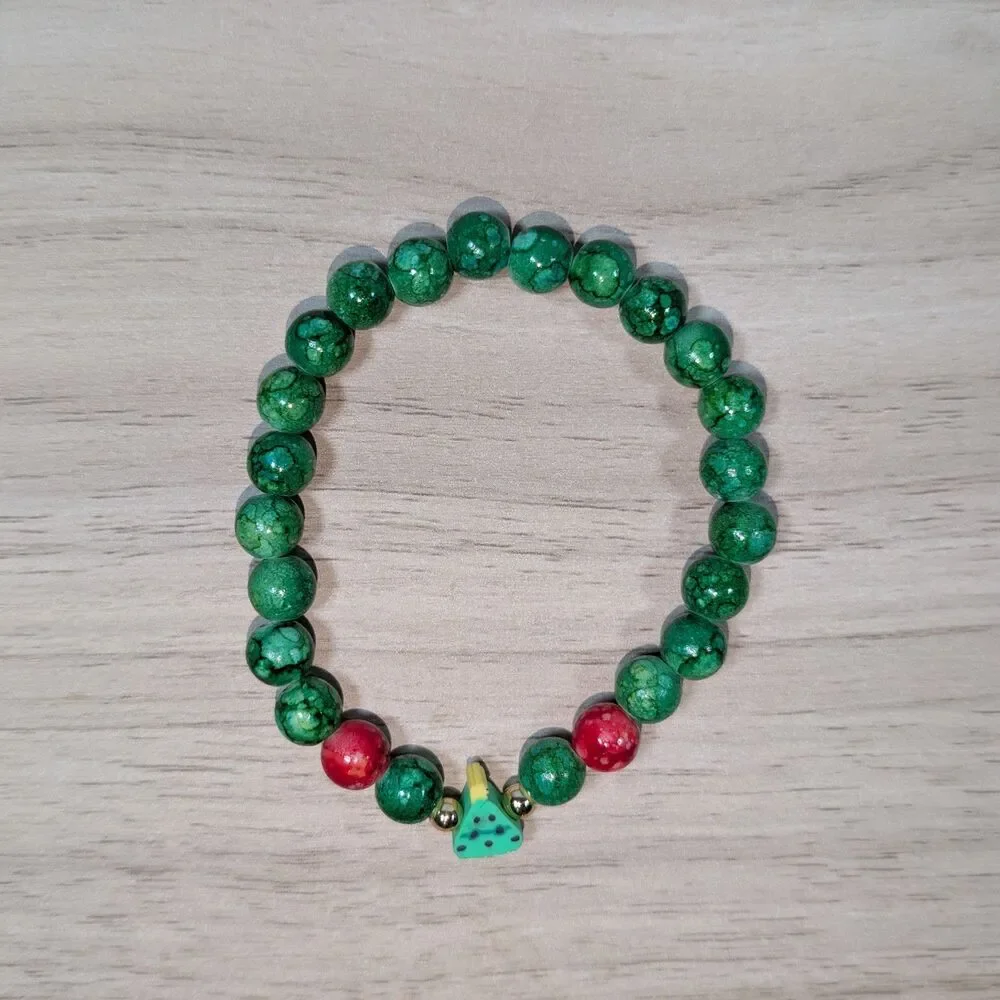 Green Bead Bracelet Christmas Tree Charm Stretch Holiday Jewelry